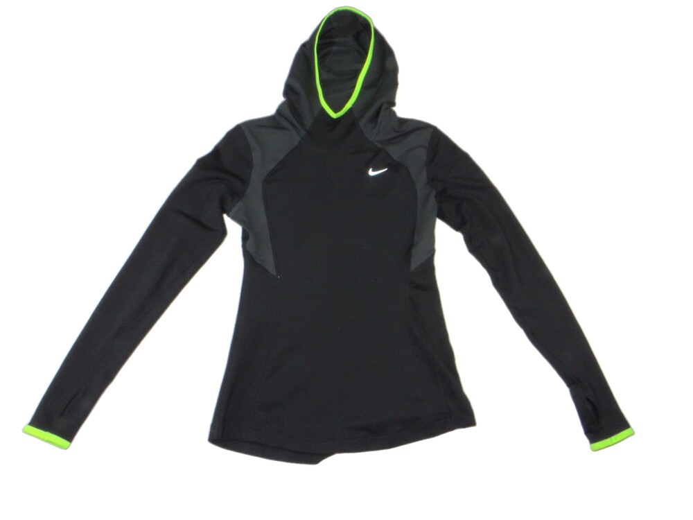 Nike Hooded Long Sleeve Shirt Size Small Black Neon Green Trim Athletic Top